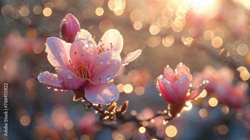 Close-up of pink flowers with morning dew against a sparkling light background. Gorgeous close-up of delicate pink flowers covered in morning dew, sparkling in the soft light of sunrise.
