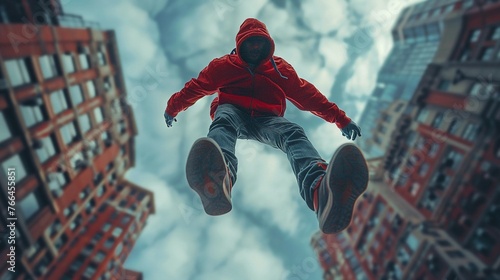 Parkour practitioner jumping across rooftops photo