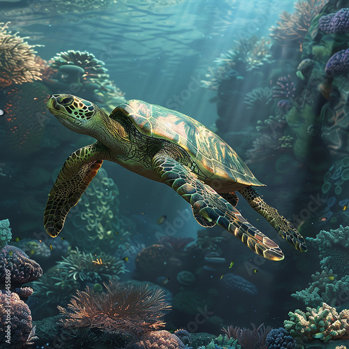 3d rendered photo of A green sea turtle swims past a coral reef