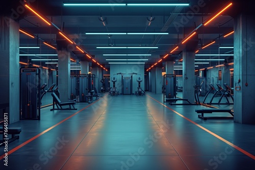 Futuristic gym with neon lighting and advanced equipment