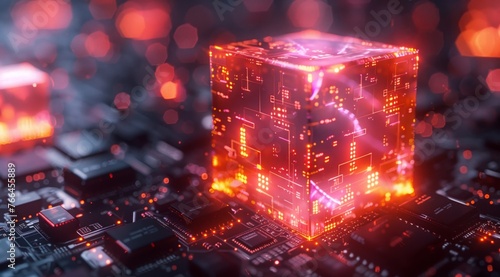 Futuristic digital tech cube on circuit board: glowing red digital cube sits amidst electronic circuits, representing advanced technology