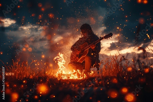 Guitarist playing by campfire at night
