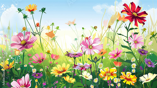 illustration natural colorful summer meadow with many common cosmos under a blue sky © bmf-foto.de