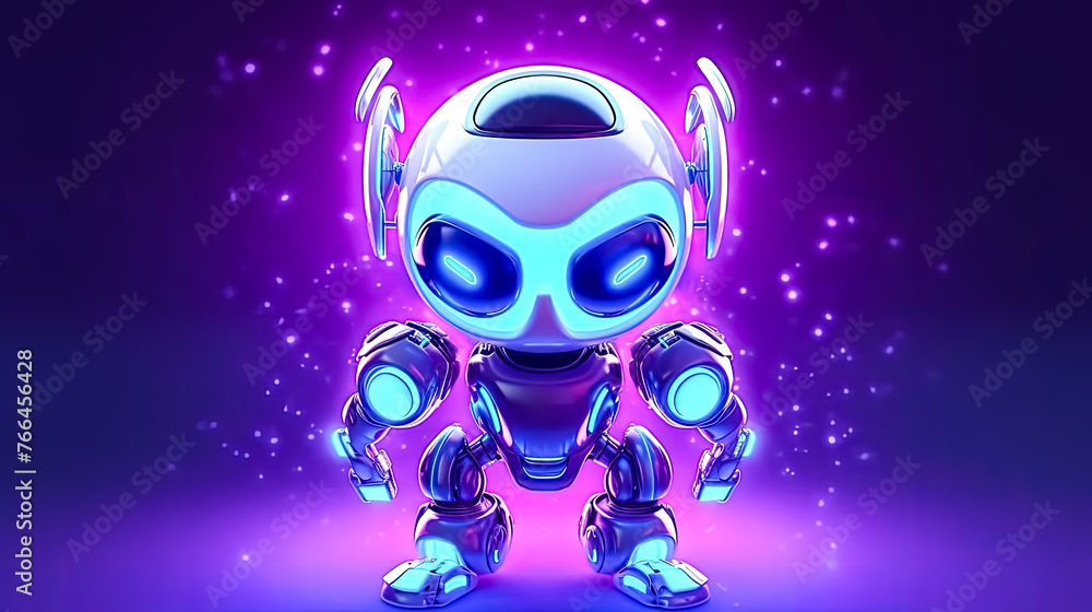 A robot with blue eyes and a white body stands in front of a purple background A robot with blue eyes and a white body stands in front of a purple background
