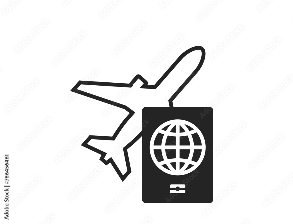 air travel icon. plane and passport. vacation, air transport and journey symbol. black and white vector image for tourism design air travel icon. plane and passport. vacation, air transport and journey symbol. black and white vector image for tourism design