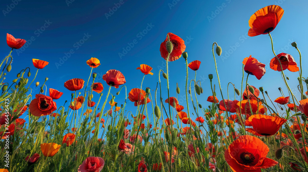 Fototapeta premium A field of vibrant red and orange poppies, standing tall against a clear blue sky