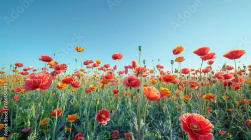 A field of vibrant red and orange poppies  standing tall against a clear blue sky
