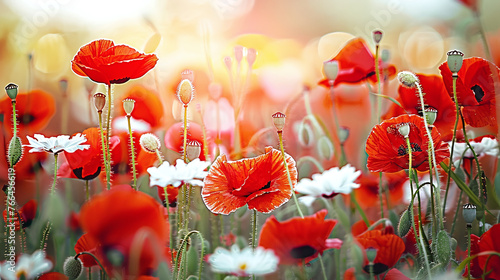red poppies and white magerite flowers in a gree field of a summer meadow  photo