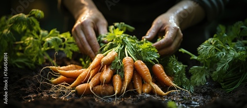 farmer harvesting carrots in the field photo