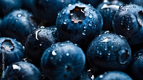 blueberries in a glass. a bunch of blueberries with drops of water on them, a macro photography. Ai ganerated image photo