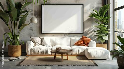 Modern living room, Horizontal frame mockup, Blank artwork frame mockup on white room wall, Wooden one horizontal frame mockup on wooden cupboard, Blank picture frame mockup on a wall, Ai 