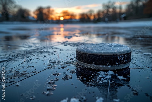 Hockey puck on ice with the goal in the background photo