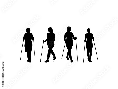 Set of vector silhouettes of women with Nordic walking sticks. Woman with a walking stick. Side view, profile. Hiking. Four black female silhouettes are white background.