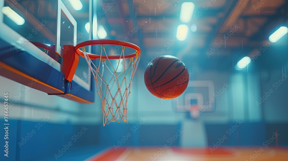 The basketball is flying into the basket. Close-up.The basketball glides into the hoop, scoring points.