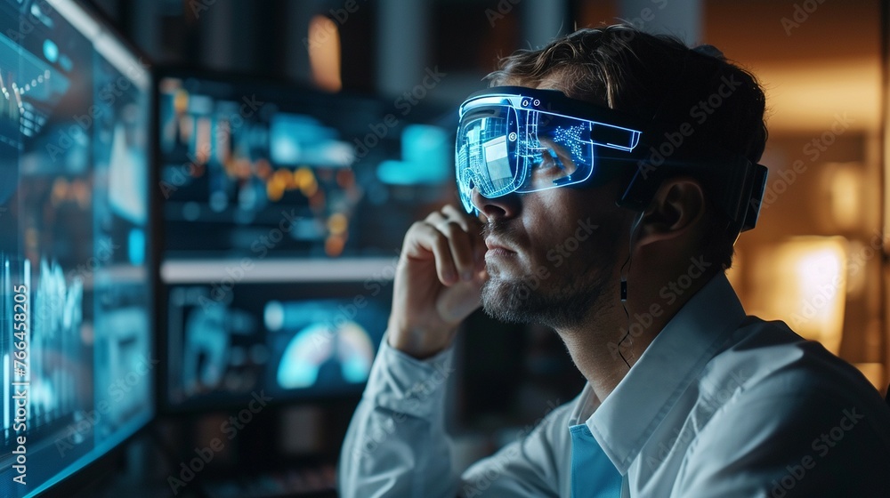 A man wearing glasses focused on a computer screen. A man wearing glasses focused on a computer screen.