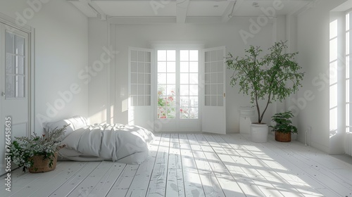 White Room With Bed and Potted Plants