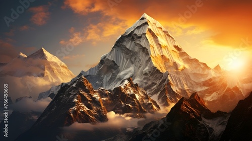 Realistic photo of the Himalayas, Ama Dablu Skeleton Mountain, sunrise, high mountains, snowcapped peaks, dramatic sky