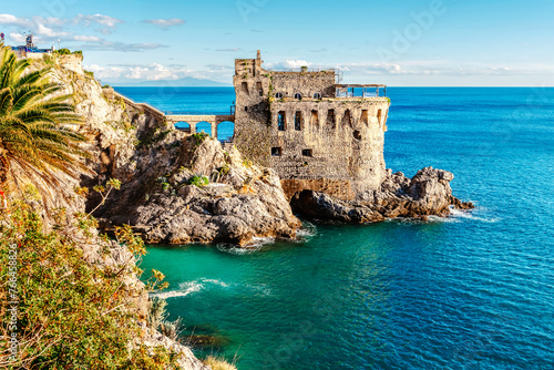 The Amalfi coast of Italy. View of Torre Normanna. The old fortress above the sea
