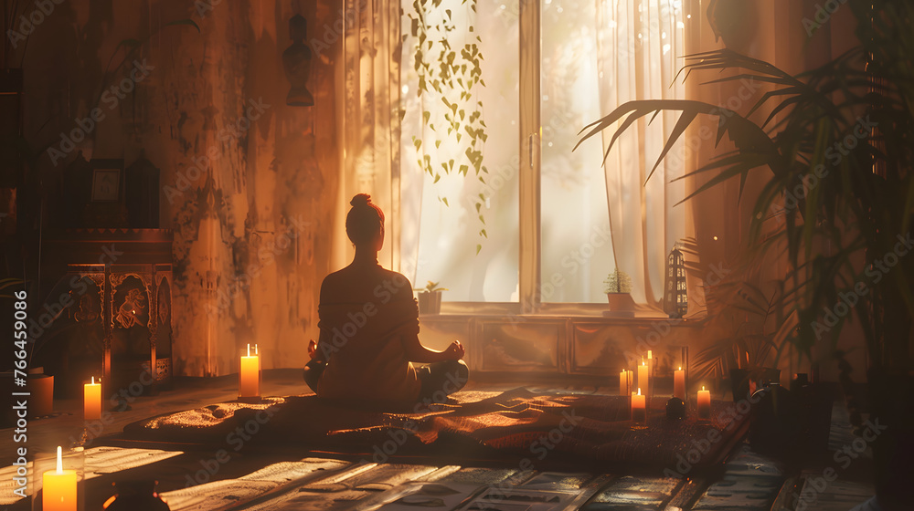 harmony, zen, mental wellness, meditation at home, inner peace, sun through the window, candles, mindfulness practice harmony, zen, mental wellness, meditation at home, inner peace, sun through the window, candles, mindfulness practice