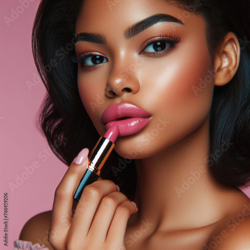 Portrait of a beautiful African American model girl with makeup, paints her lips with lipstick.
