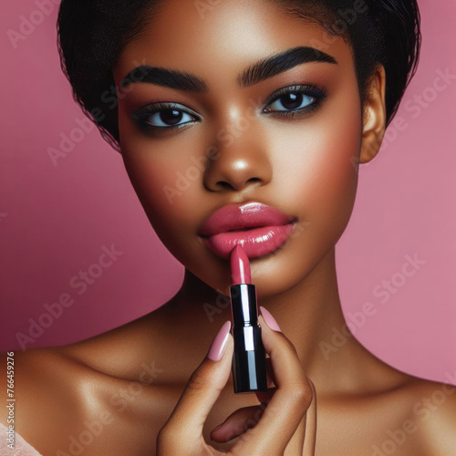 Portrait of a beautiful African American model girl with makeup, paints her lips with lipstick.