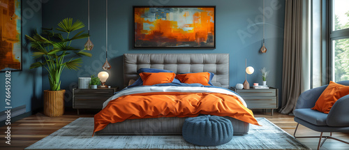 living room with a sofa and photo frame, Minimalist interior design with copy space and a bed with cushions, Boho interior design of modern bedroom. Grey bed with vibrant orange bedding , Ai generated