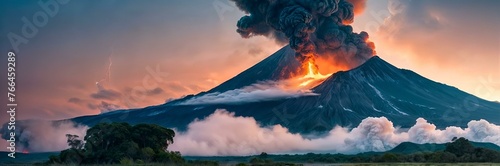 A volcano erupts, spewing lava and ash high into the air. photo
