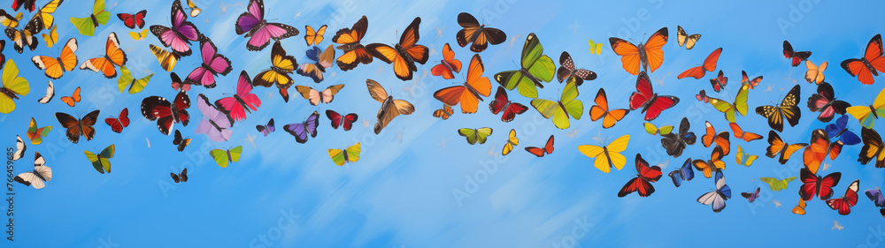 Colorful Butterfly Flock in Blue Skies Illustration