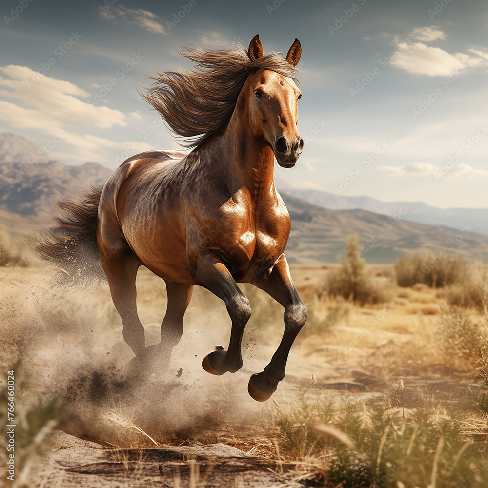 3d rendered photo of Horse running on fields 3d rendered photo of Horse running on fields
