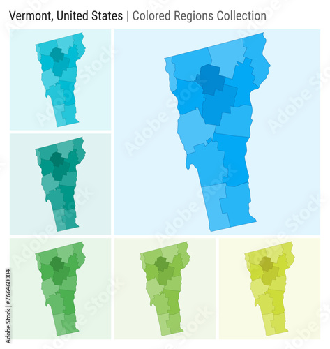 Vermont, United States. Map collection. State shape. Colored counties. Light Blue, Cyan, Teal, Green, Light Green, Lime color palettes. Border of Vermont with counties. Vector illustration. photo