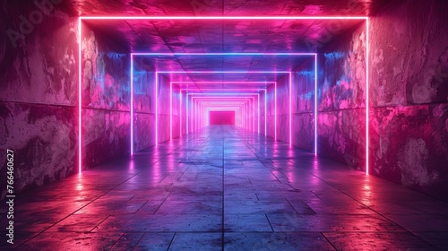 Realistic 3D rendering presents a sci-fi underground garage wall adorned with neon lights and graffiti in blue and purple hues. © Khalida