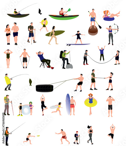 Summer holidays collection. Group of people enjoying vacation. Relaxing, fishing, playing, hiking, running.
Men, women and children performing outdoors activities. 