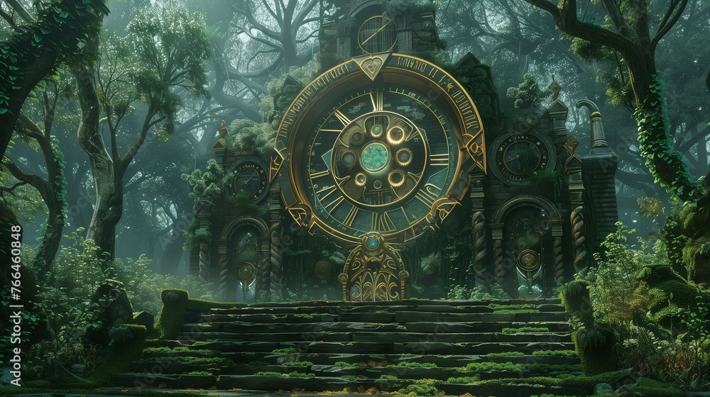 In a realm where time flows backward, a grandiose deco-inspired clock tower rises majestically amidst a lush forest.