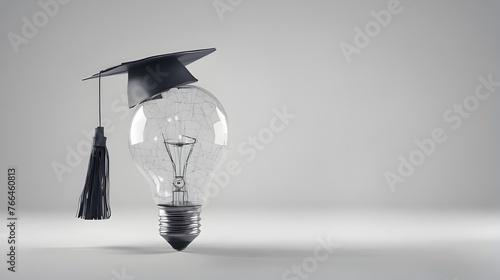 Digital low poly wireframe 3D vector illustration of Mortarboard or graduation cap with light bulb with copy space. Education, success, Innovation concept.   International Day of Education 24 January