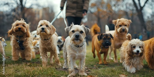 Rescue dogs being walked in a city park. Concept Dog Training, City Parks, Pet Ownership, Canine Health, Animal Rescue
