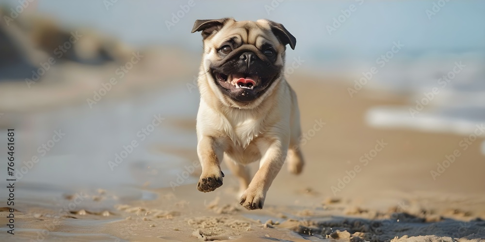 A pug happily frolicking on the beach. Concept Cute Dog, Beach Fun, Pug Life, Pet Photography, Sunny Day