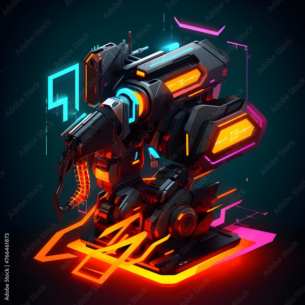 Neon-Glowing Robot: A Geometric Style of a Futuristic Machine with a Powerful Weapon Neon-Glowing Robot: A Geometric Style of a Futuristic Machine with a Powerful Weapon