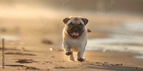 A Pug frolicking on the beach. Concept Pug, Beach, Frolicking, Pet Photography, Outdoor Activities © Ян Заболотний