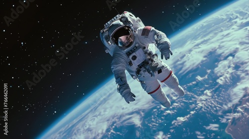 An astronaut floats in space with the Earth visible in the background