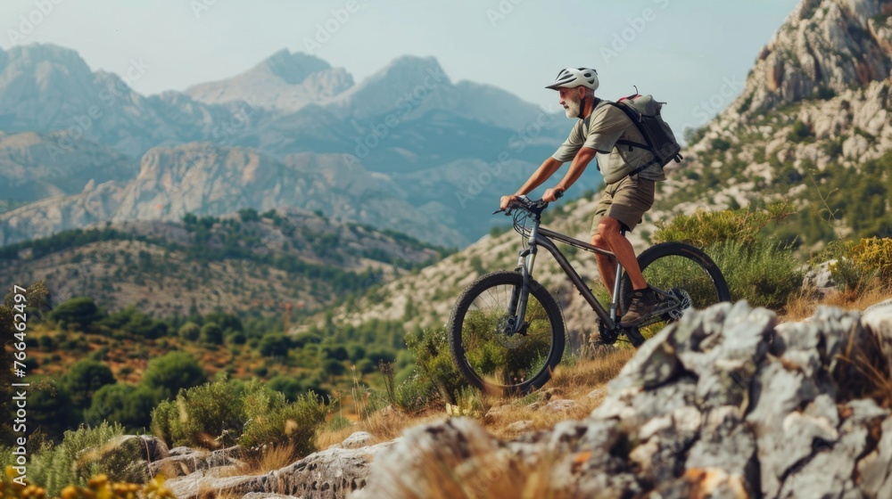 Senior man navigating through a rocky path on his mountain bike with a backdrop of scenic mountains Senior man navigating through a rocky path on his mountain bike with a backdrop of scenic mountains