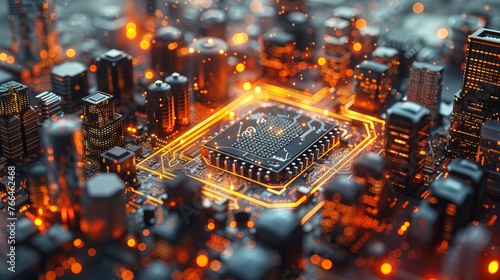 Smart chip processor illustration featuring buildings, symbolizing big data connection technology concept, rendered in 3D.