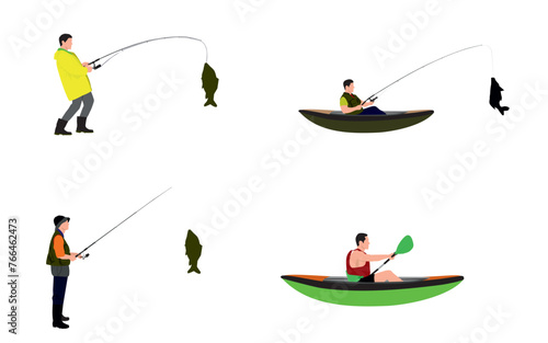 Set of fisherman. Fishermen in canoe or kayak holding fishing rod fish. Fisher with fish, fishing accessory, hobby angling vacation vector characters. Fishing catch, hobby leisure activity. 