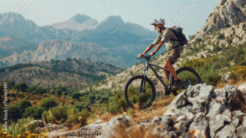 Senior man navigating through a rocky path on his mountain bike with a backdrop of scenic mountains