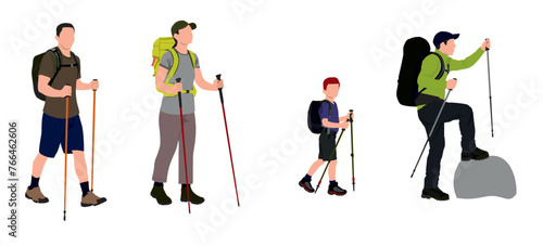 People with hiking backpack and trekking sticks. Young men, women and kid explorer or traveller in sportswear. Adventure, travel and discovery flat vector illustration.