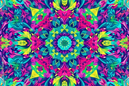 mandala mosaic fractal psychedelic symmetrical pattern illustration in vibrant neon colors. 