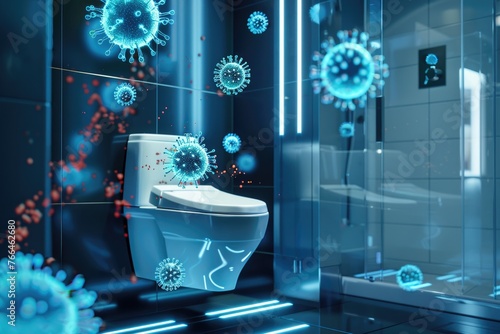 3D image of holographic viruses hovering around a smart toilet in a hightech bathroom, integrating the concept of advanced hygiene solutions with the ongoing presence of contamination risks photo