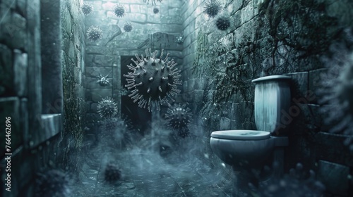 A moody 3D composition featuring ethereal, ghostlike viruses drifting around a gothicstyle toilet in a dark, stonewalled bathroom, invoking a sense of ancient hygiene practices  photo