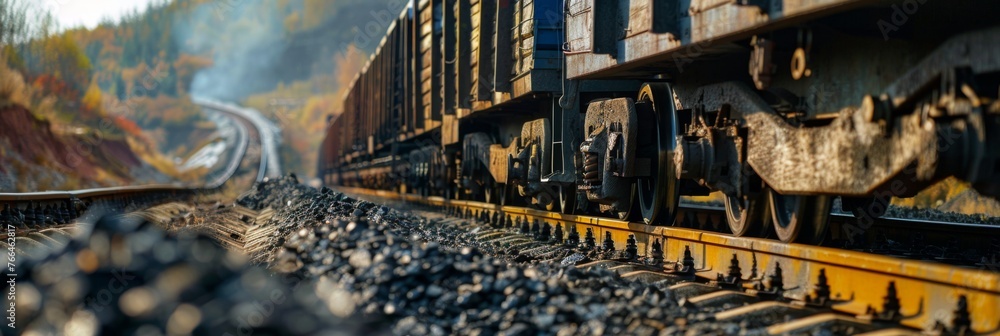 Close-up of a locomotive transporting freight cars loaded with coal along the railroad tracks - obrazy, fototapety, plakaty 
