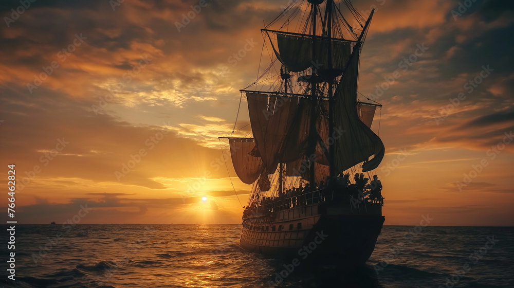pirates sailing at sunset