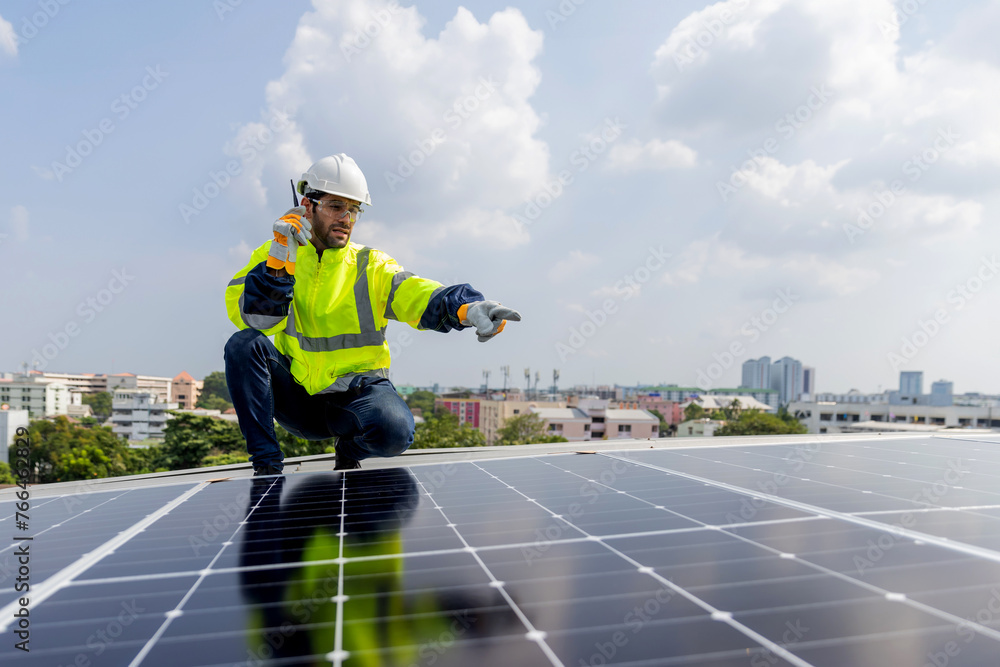 Engineer service check installation solar cell on the roof of factory. Engineers walking on roof inspect and check solar cell panel. Engineer working inspection installation solar cell on the roof